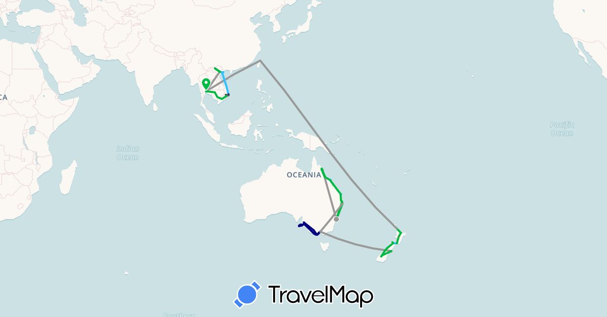 TravelMap itinerary: driving, bus, plane, hiking, boat, motorbike in Australia, Cambodia, New Zealand, Thailand, Taiwan, Vietnam (Asia, Oceania)