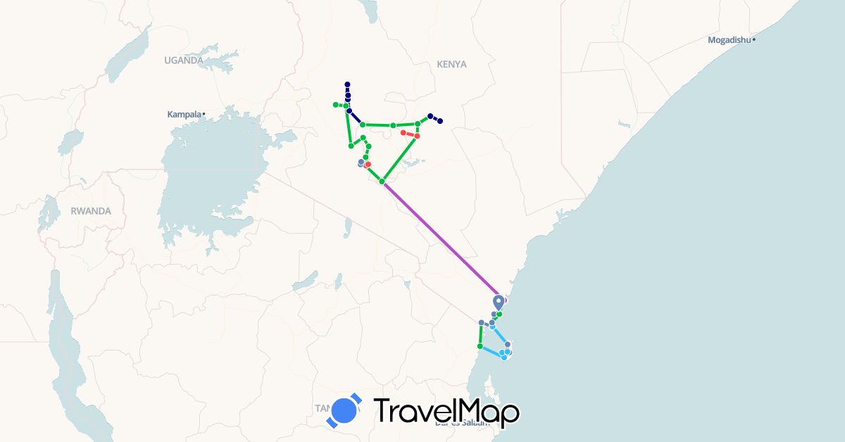 TravelMap itinerary: driving, bus, cycling, train, hiking, boat in Kenya, Tanzania (Africa)